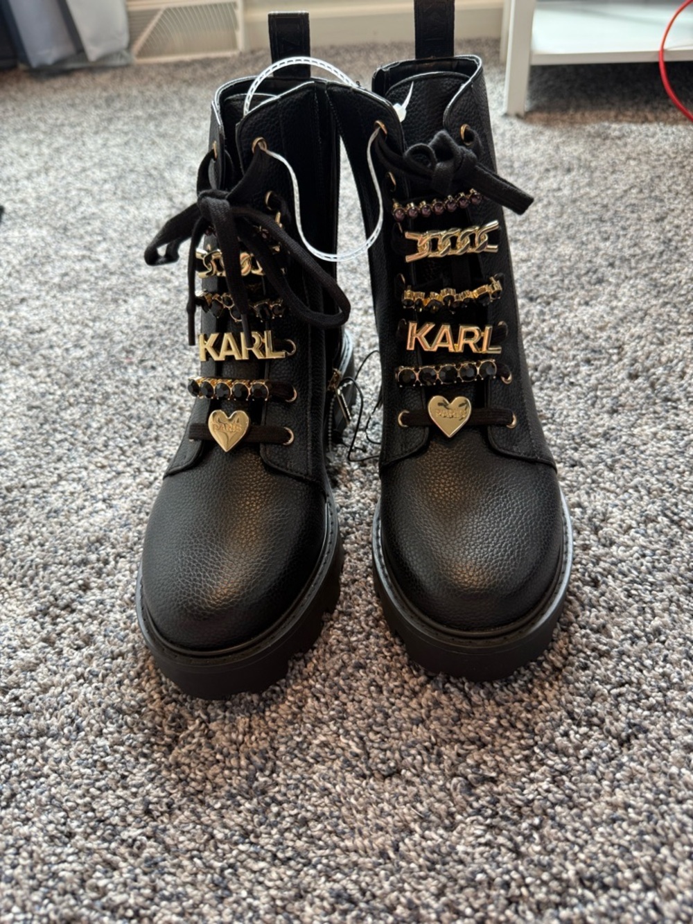 KARL Lagerfeld Black Mela Combat Boots with Gold Hardware